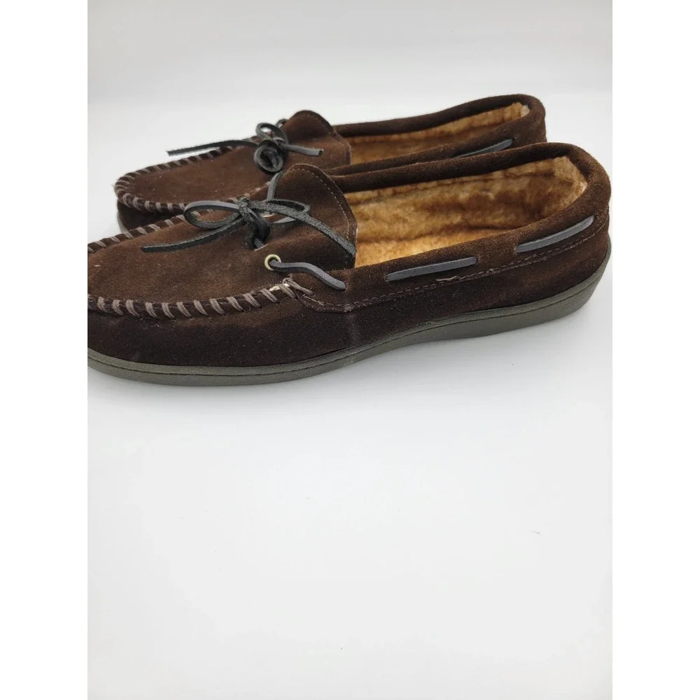 St. Johns Bay Moccasin Slippers Mens 13‎ M Brown Suede Leather Faux Fur Loafers - Picture 3 of 13